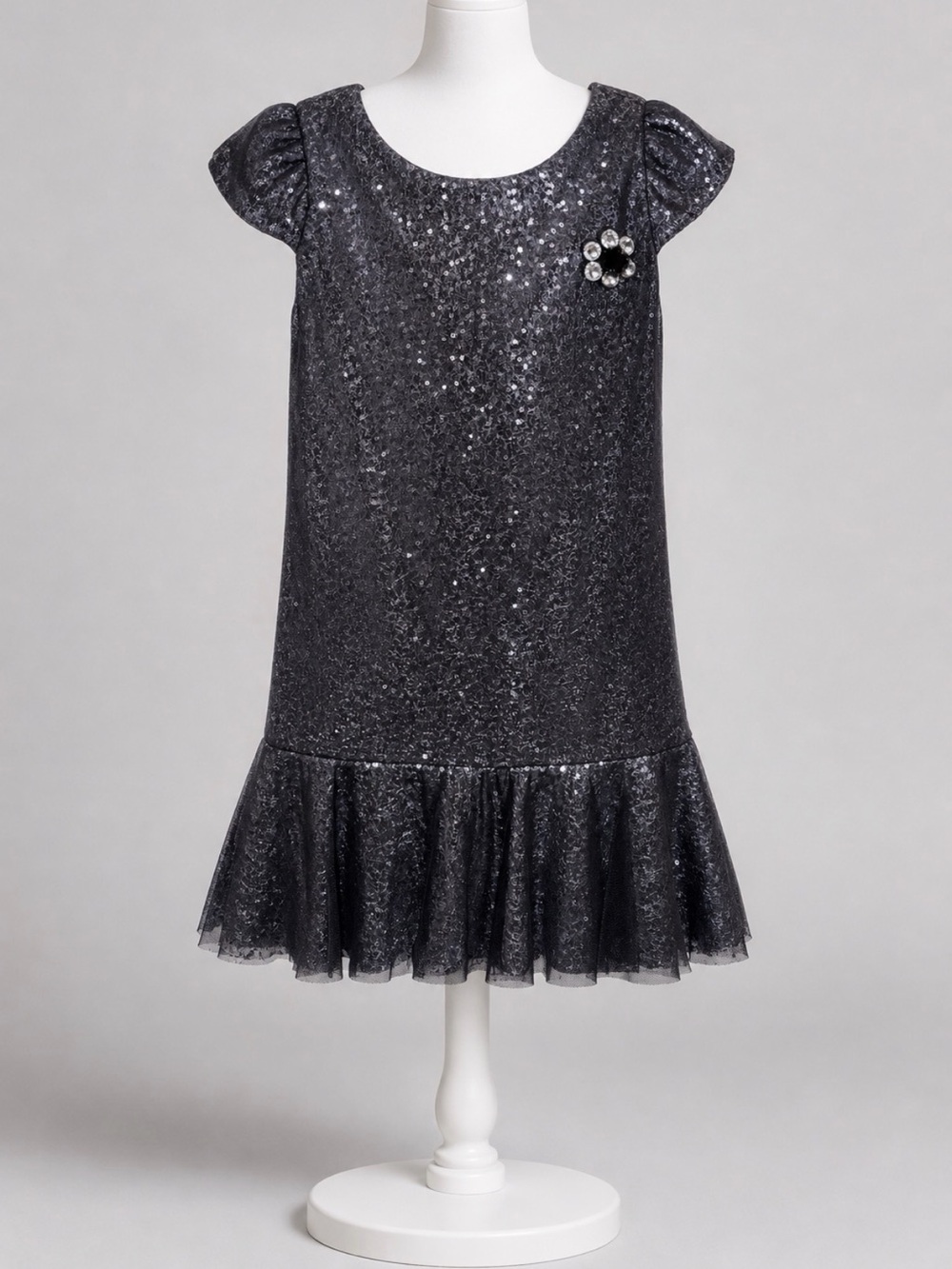 Zoe Ltd Charcoal Sequin Party Dress with Brooch Accent